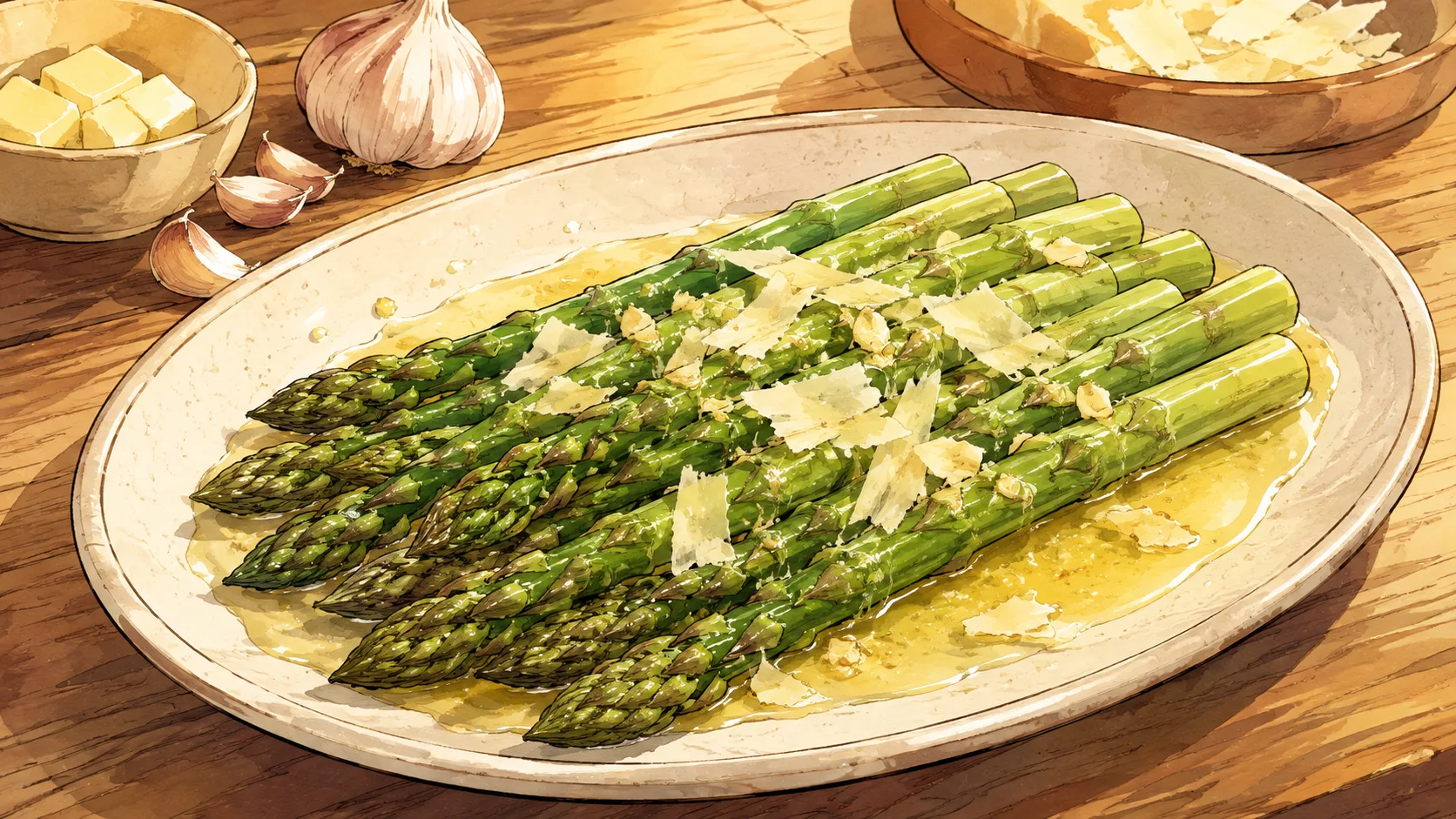 Recette de Asperges vertes au beurre, ail et parmesan sous vide