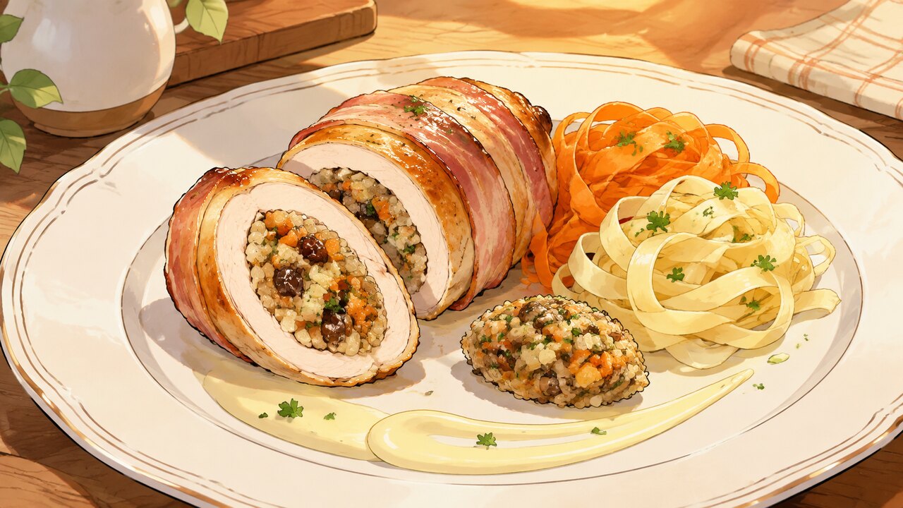 Recette de Ballotines de poulet farcies, légumes et velouté au riesling