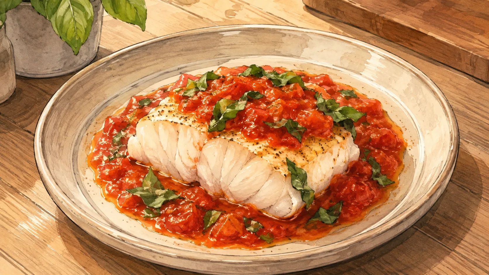 Recette de Cabillaud sous vide, tomate et basilic