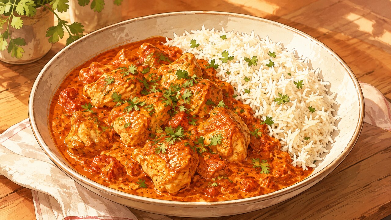Recette de Curry crémeux de poulet, tomates et amandes