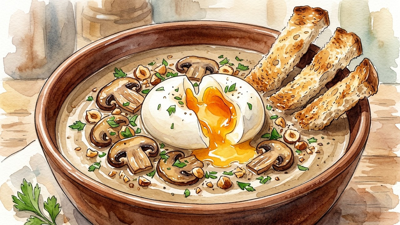 Recette de Œuf parfait à 64 °C, crème de champignons et noisettes
