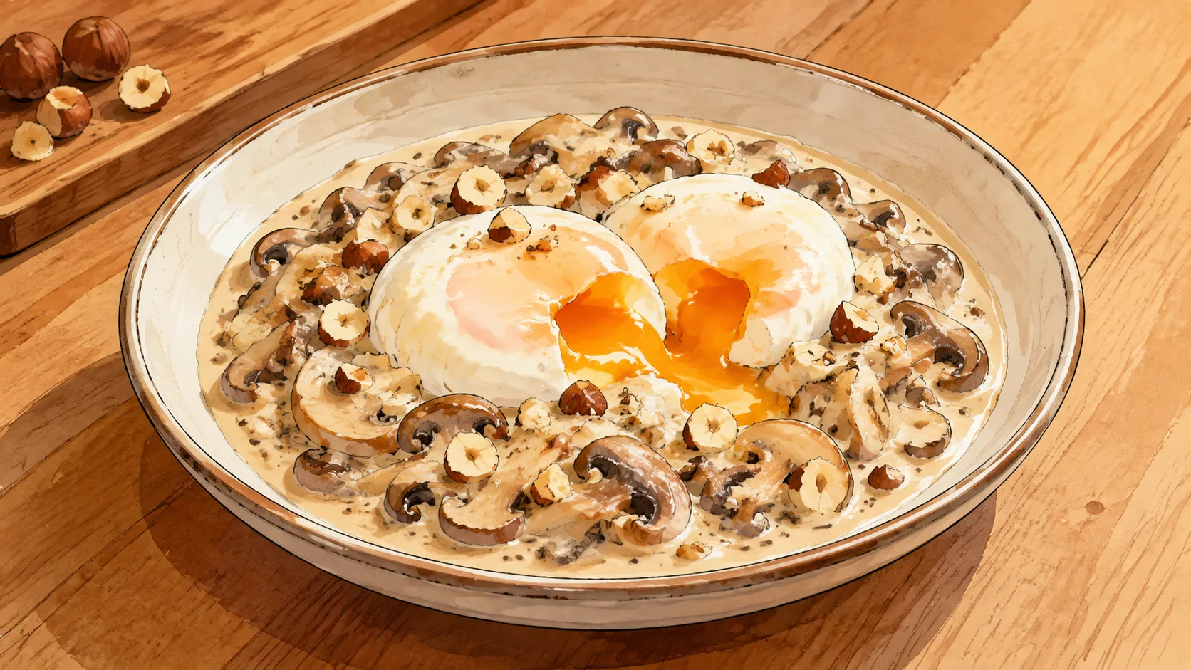 Recette de Œufs parfaits, crème de champignons et noisettes