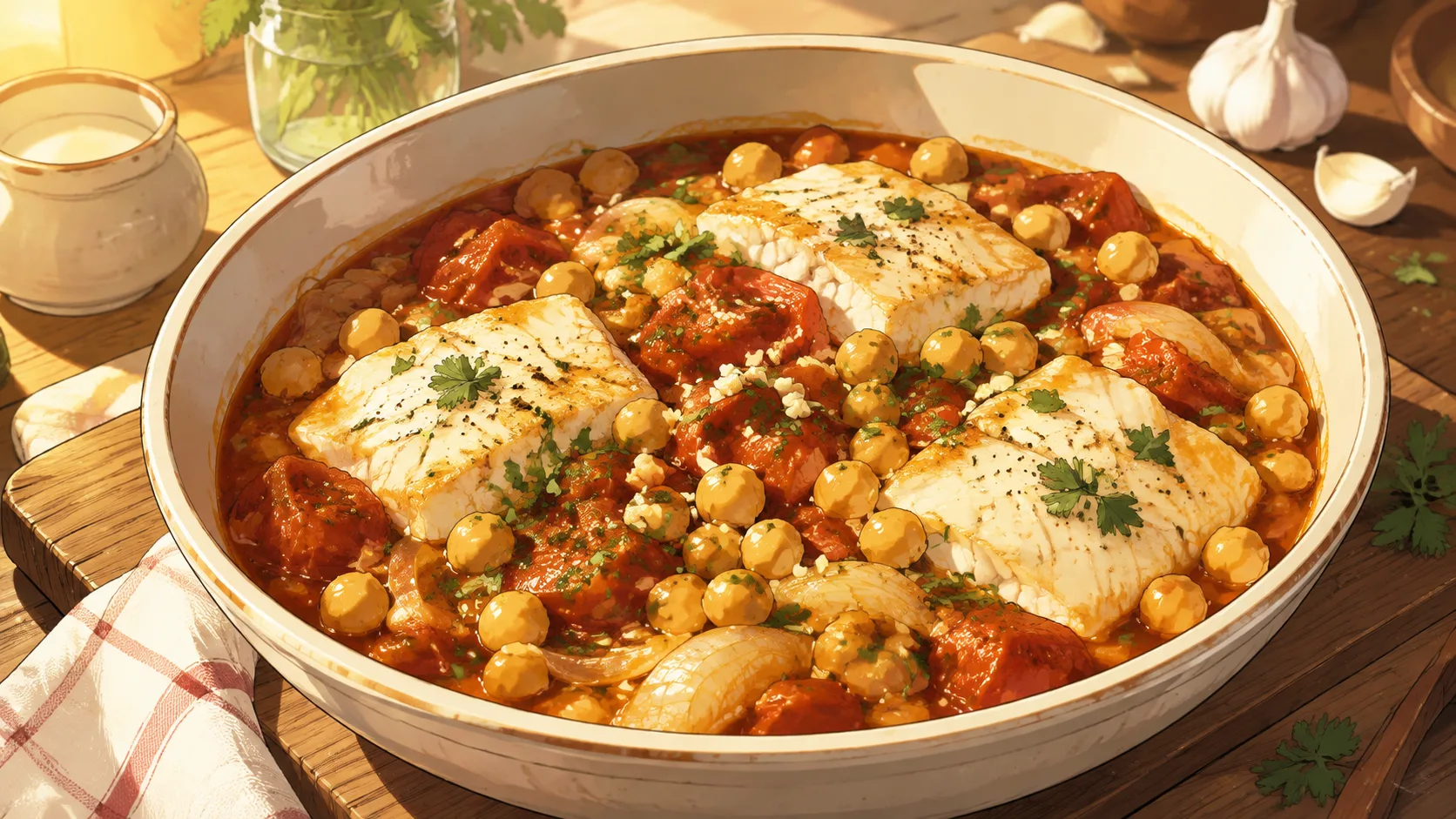 Recette de One pot de cabillaud, tomate et pois chiches