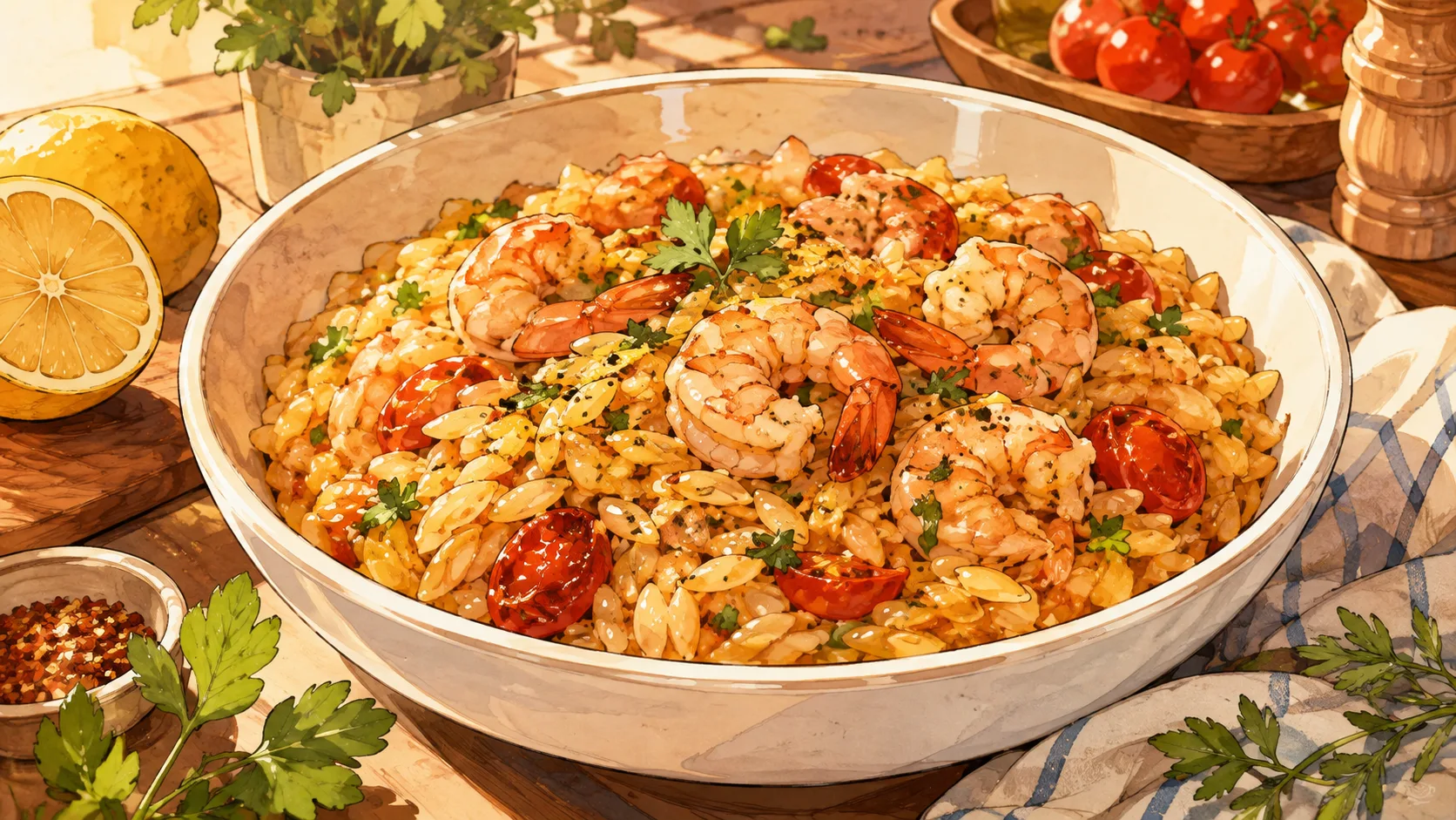 Recette de One pot d’orzo aux crevettes et au citron