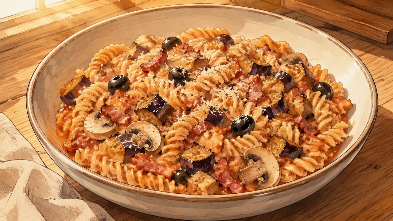 Recette de One pot pasta aubergines, lardons et champignons