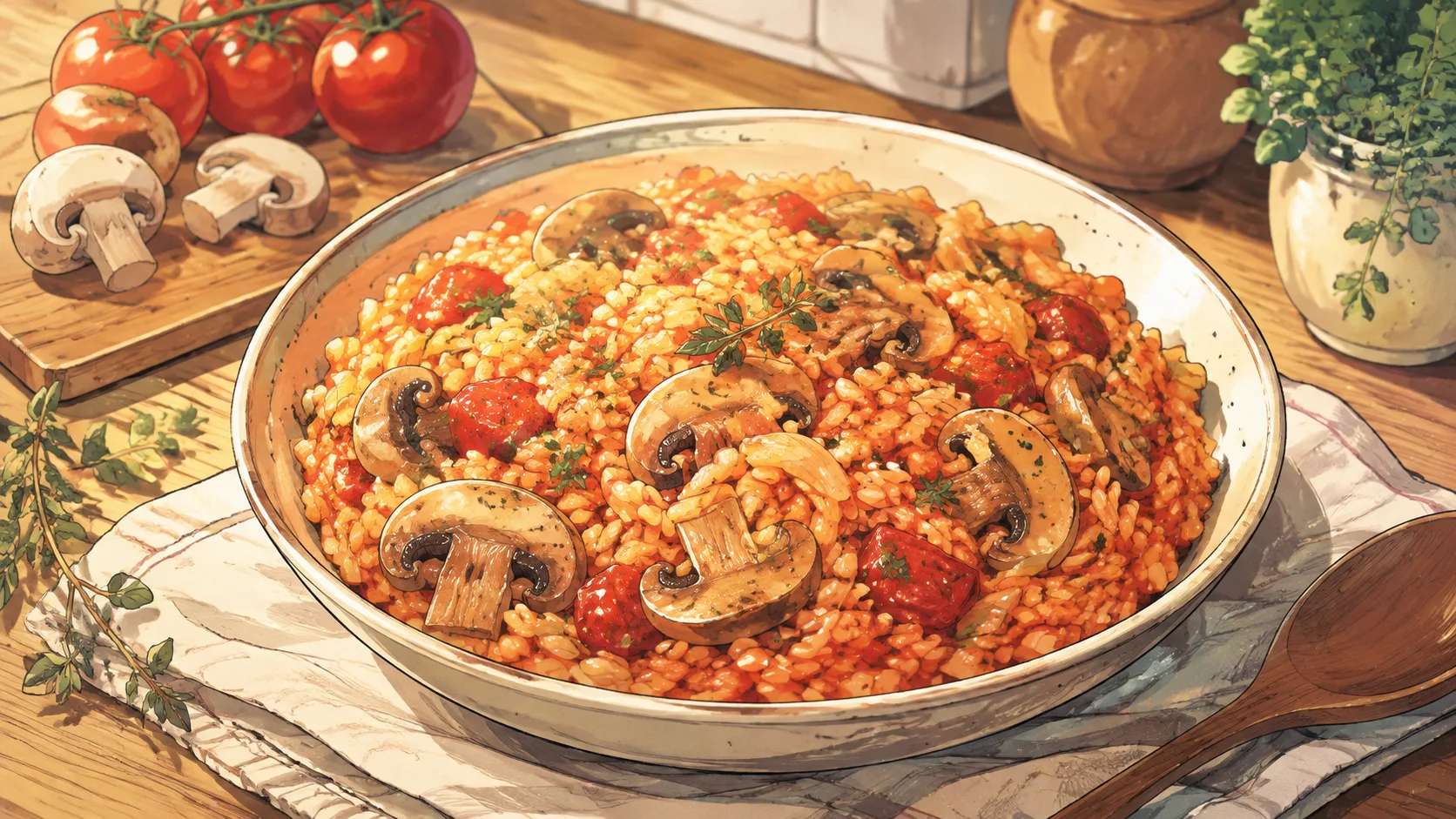 Recette de One pot de riz aux champignons, poivrons et tomate