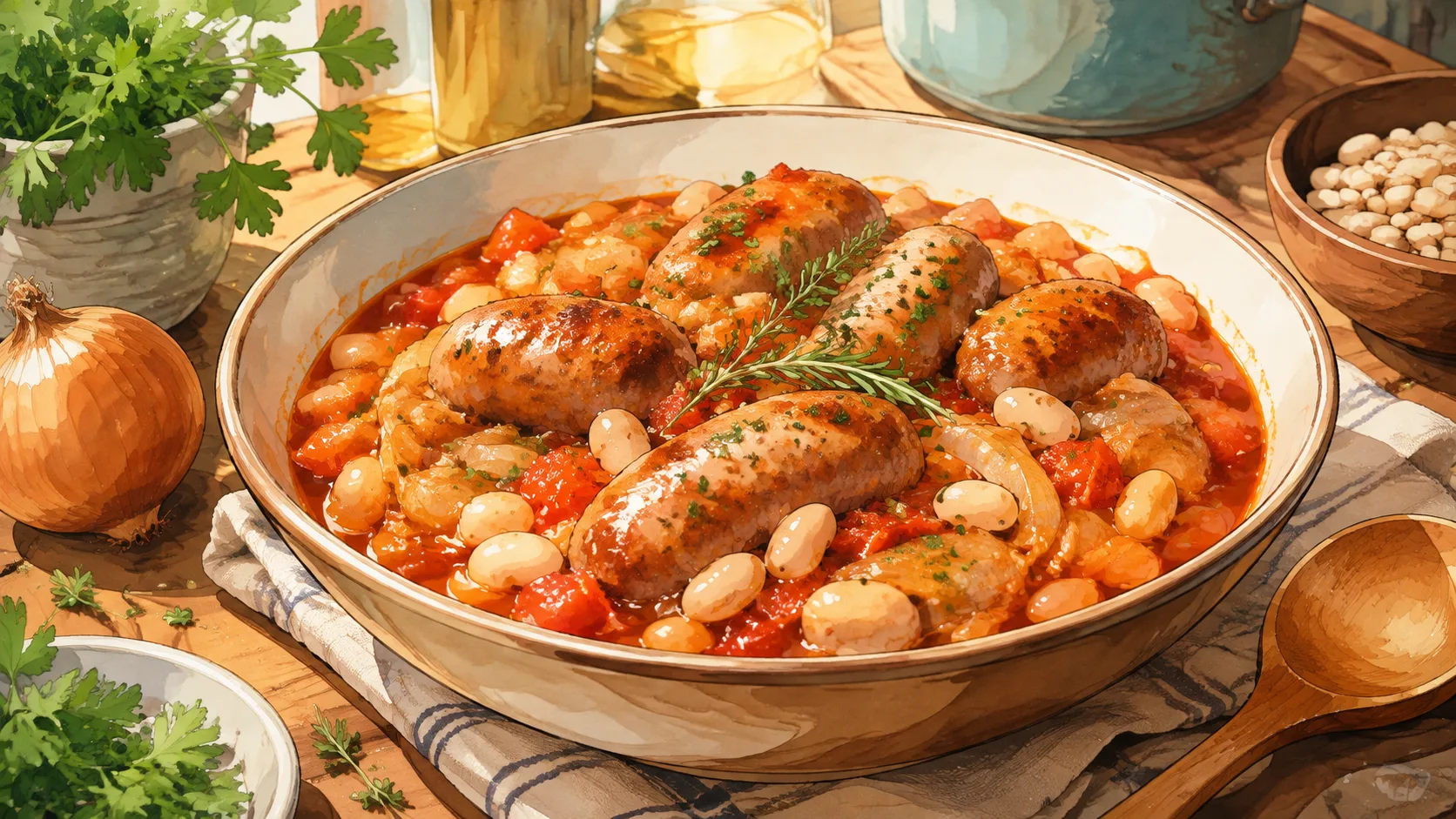 Recette de One pot de saucisses, haricots blancs et tomate