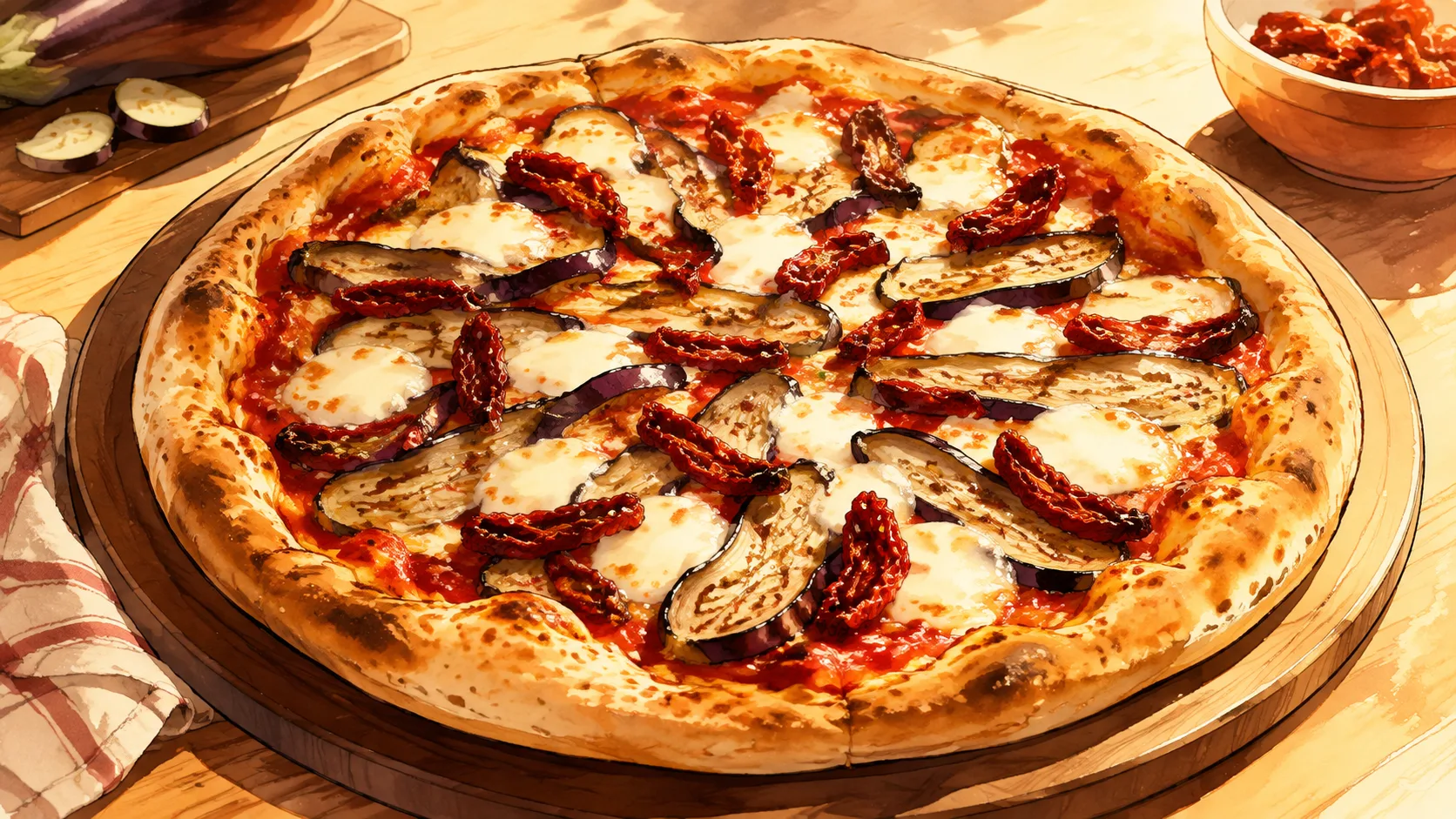 Recette de Pizza aubergine, tomates séchées et mozzarella