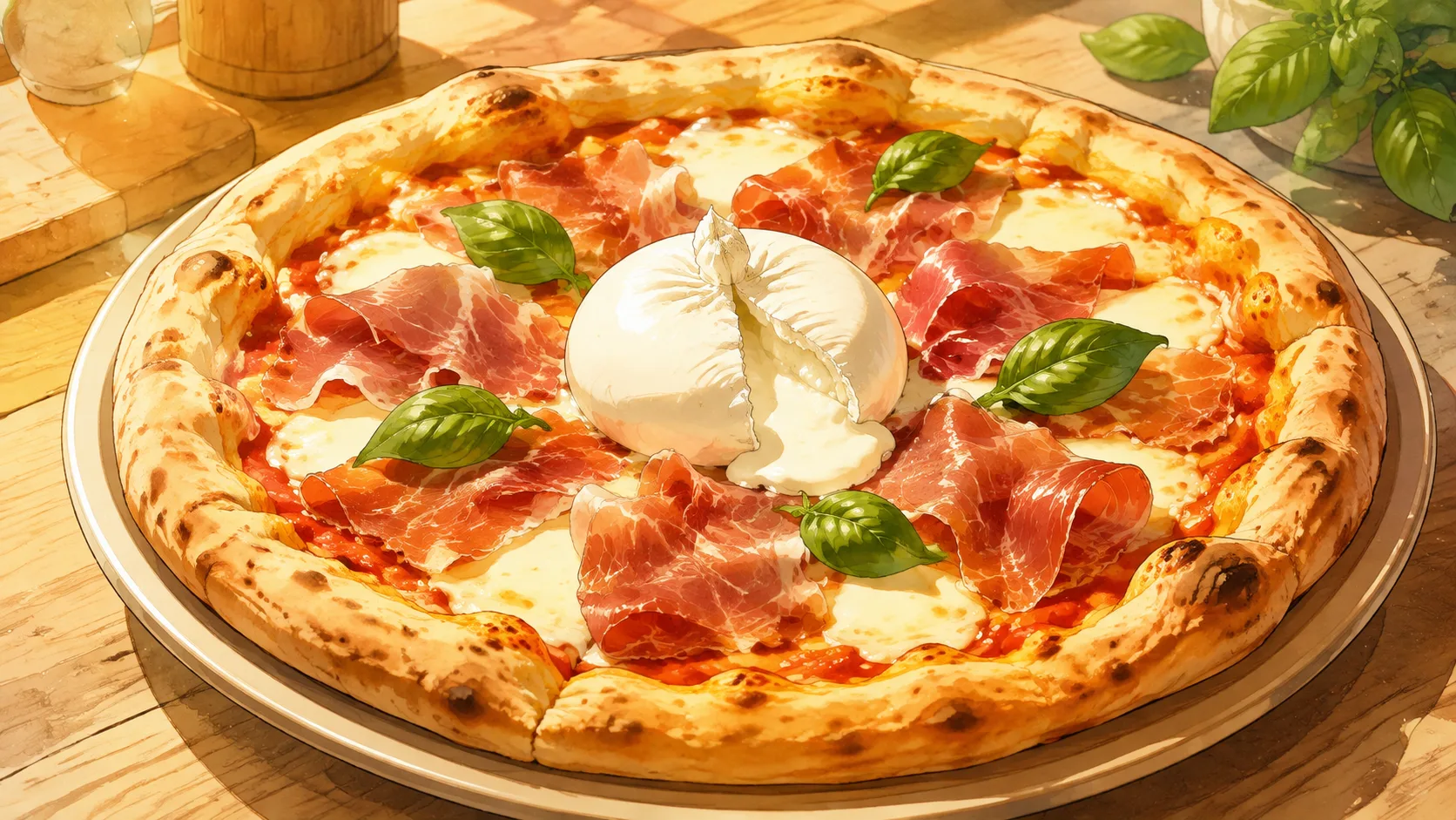 Recette de Pizza burrata, jambon cru et basilic