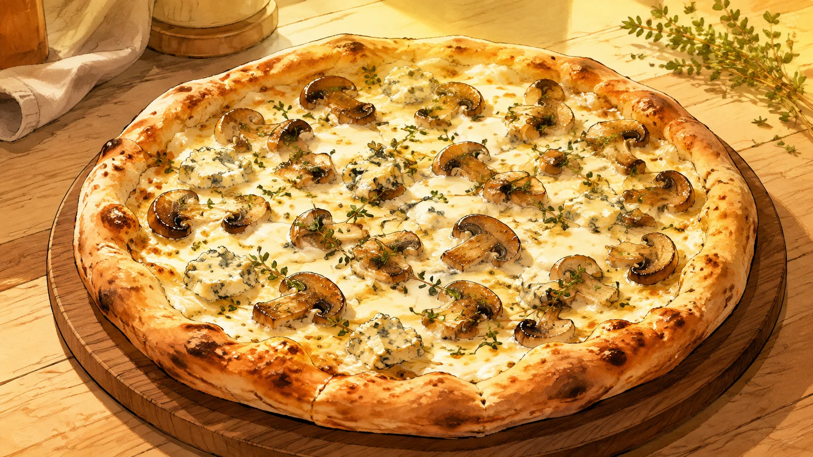 Recette de Pizza aux champignons, gorgonzola et thym