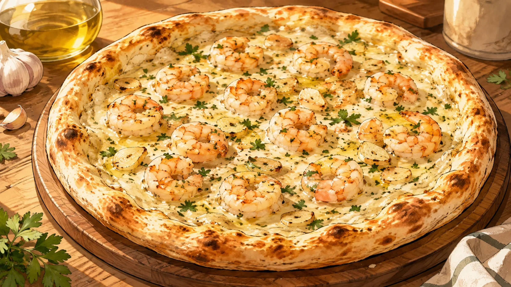 Recette de Pizza aux crevettes, ail et persil