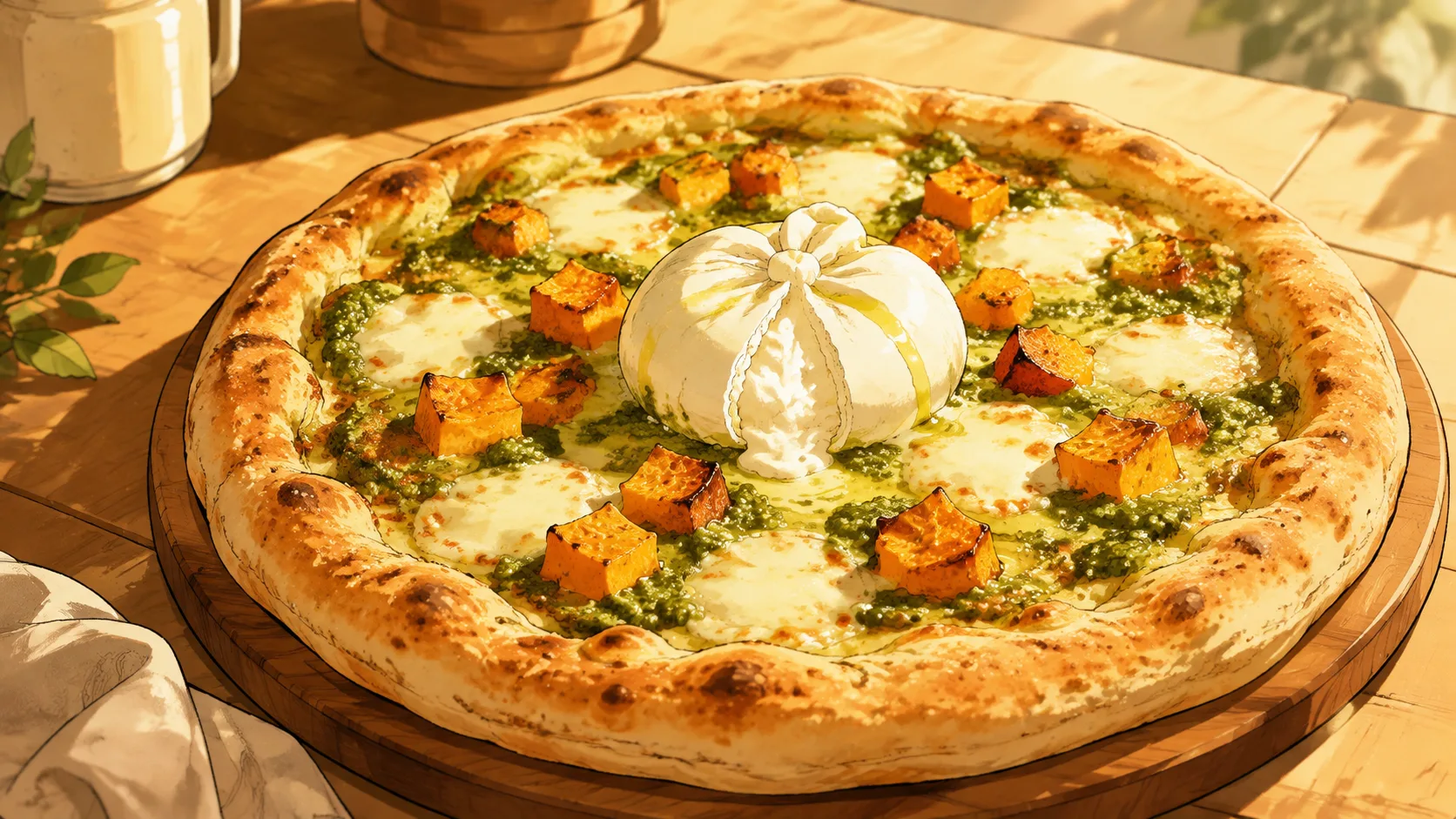 Recette de Pizza pesto, courge et burrata