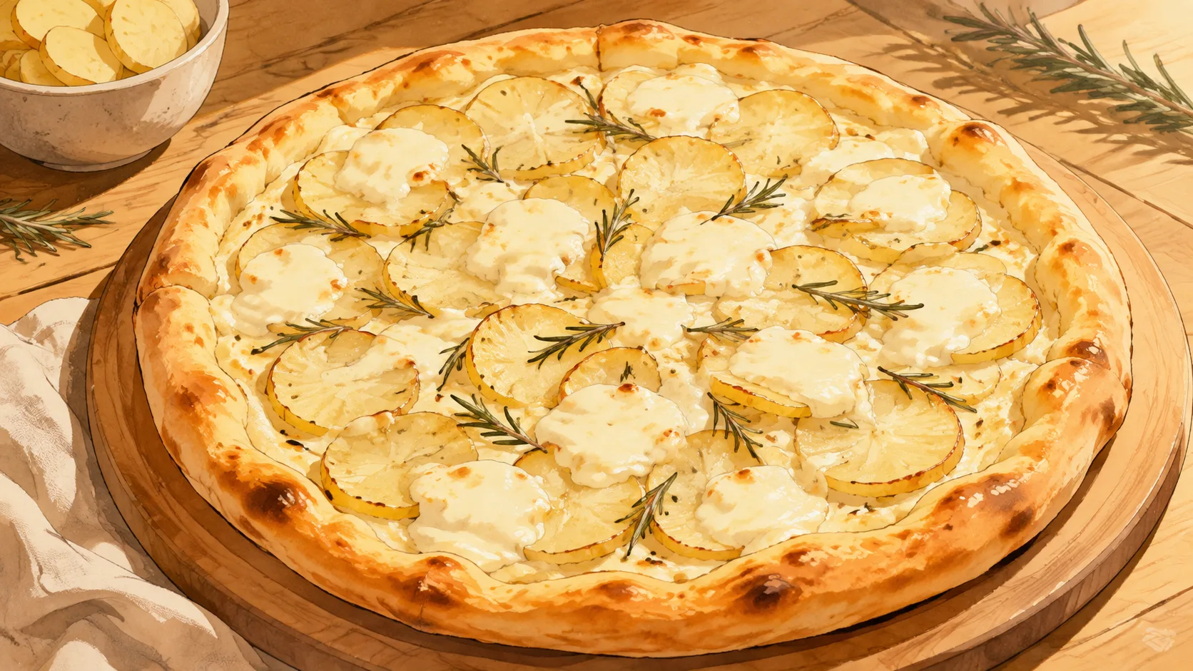 Recette de Pizza blanche pommes de terre et romarin