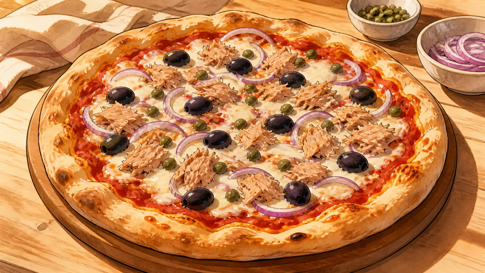 Recette de Pizza au thon, câpres et olives