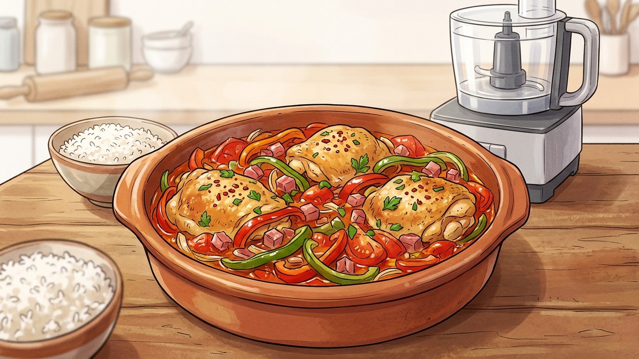 Recette de Poulet basquaise aux trois poivrons et piment d’Espelette