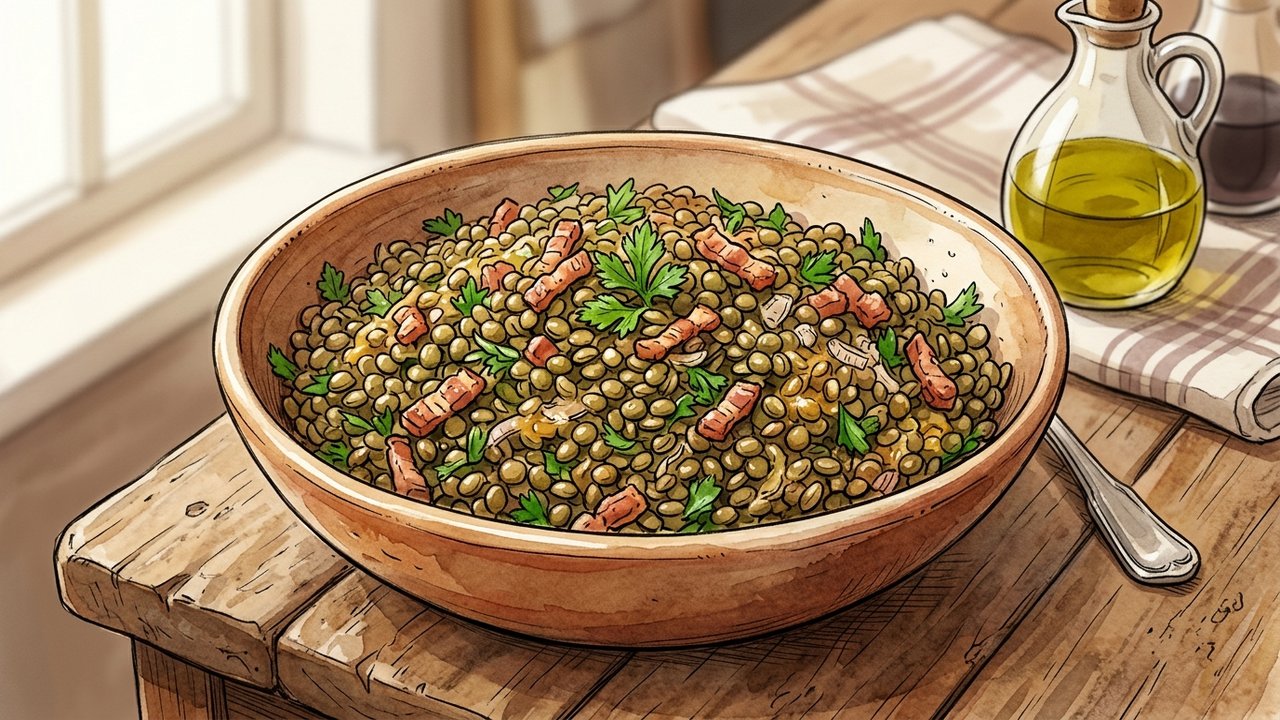 Recette de Salade tiède de lentilles vertes aux échalotes & lardons