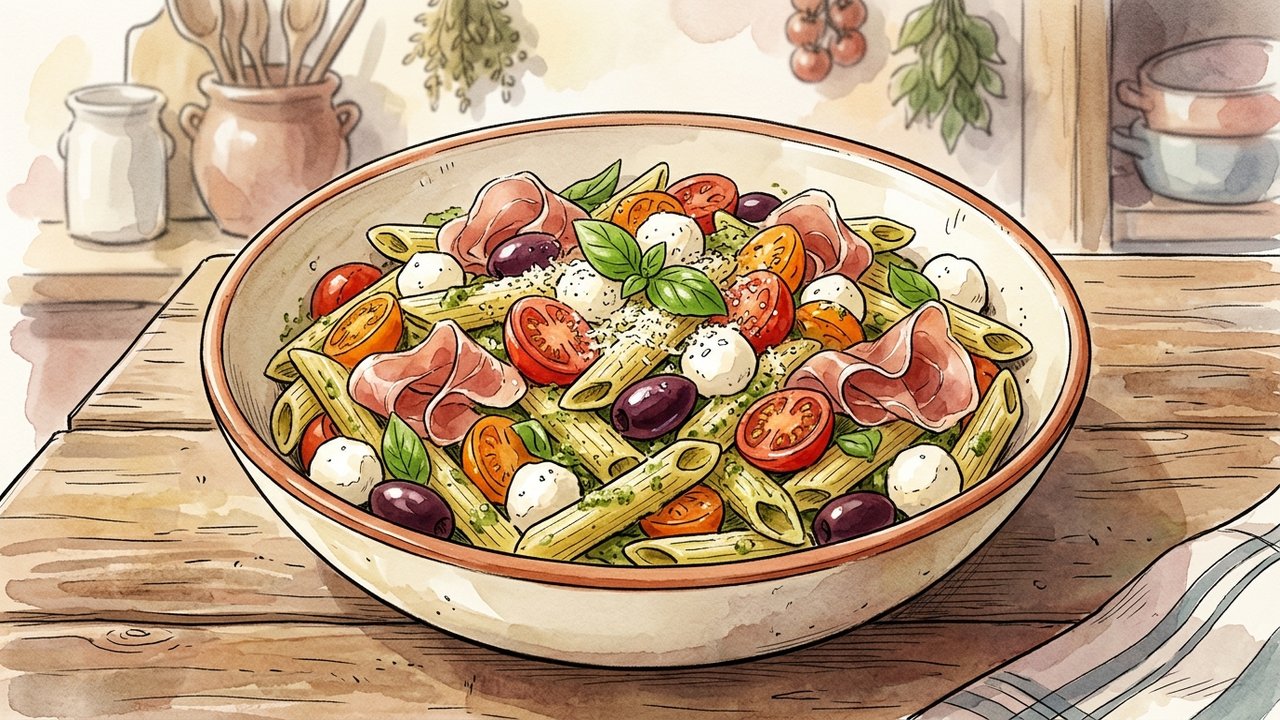 Recette de Salade de penne à l'italienne au pesto & mozzarella
