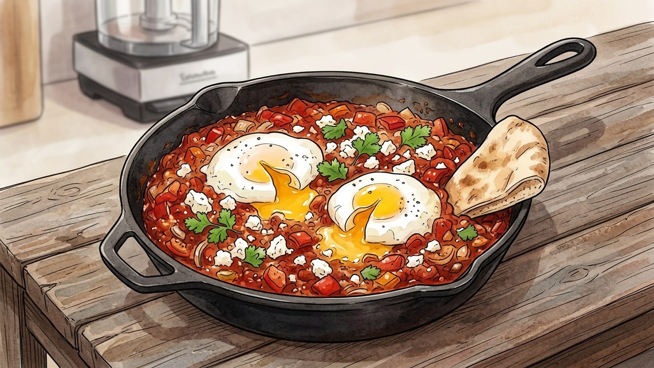 Recette de Shakshuka méditerranéenne aux œufs coulants & feta