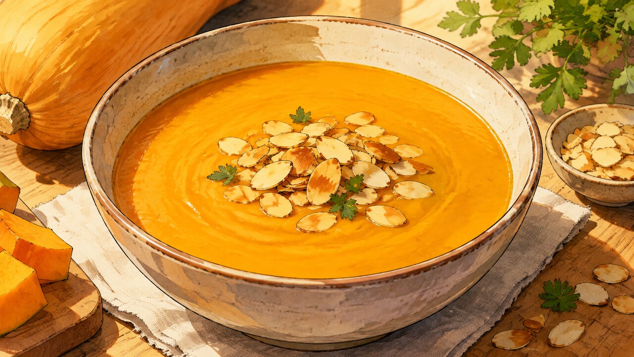 Recette de Soupe de butternut, curry et amandes